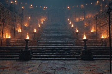 Ancient stone arena with bloodstained floor, burning torches, and grand stairs surrounded by ruins and shadows evoking a dramatic dark fantasy or historical battle atmosphere