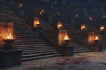 Ancient stone arena with bloodstained floor, burning torches, and grand stairs surrounded by ruins and shadows evoking a dramatic dark fantasy or historical battle atmosphere