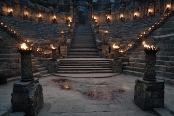 Ancient stone arena with bloodstained floor, burning torches, and grand stairs surrounded by ruins and shadows evoking a dramatic dark fantasy or historical battle atmosphere