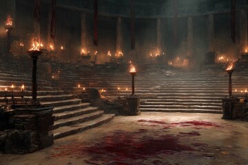 Ancient stone arena with bloodstained floor, burning torches, and grand stairs surrounded by ruins and shadows evoking a dramatic dark fantasy or historical battle atmosphere