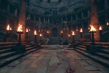 Obraz premium Ancient stone arena with bloodstained floor, burning torches, and grand stairs surrounded by ruins and shadows evoking a dramatic dark fantasy or historical battle atmosphere