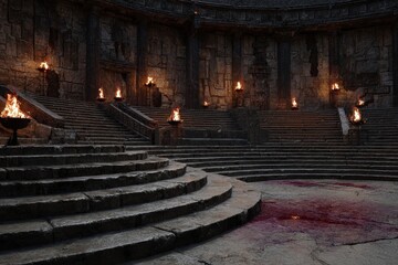 Ancient stone arena with bloodstained floor, burning torches, and grand stairs surrounded by ruins and shadows evoking a dramatic dark fantasy or historical battle atmosphere