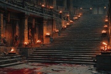 Ancient stone arena with bloodstained floor, burning torches, and grand stairs surrounded by ruins and shadows evoking a dramatic dark fantasy or historical battle atmosphere
