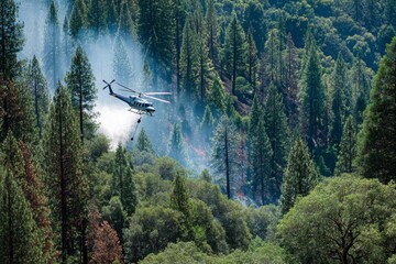 Helicopter crew's precision drop over smoldering forest fireline. Firefighting strategies. Enhancing firefighting efficiency with versatile helicopter buckets. Firefighting tools.