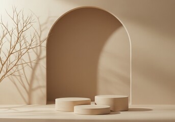 Minimalist beige studio with arched backdrop and round display pedestals