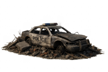 Destroyed police car abandoned on a pile of debris with transparent background