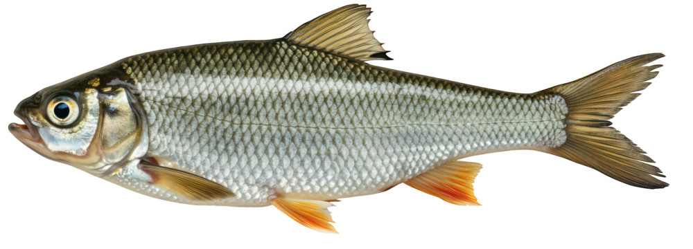 PNG of Leuciscusleuciscus with transparent background, side view of an adult common dace river fish with silvery scales and reddish bottom fins