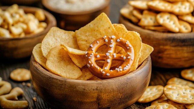 A close-up  of pretzel chips in a wooden bowl, with some whole pretzels visible on top. The snack is known for its crispy texture and distinctive twisted shape.