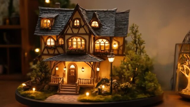 This enchanting miniature fantasy house features detailed design and warm lighting. 4k video
