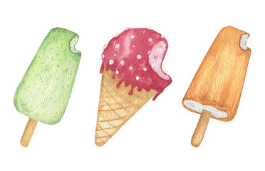 A set of multi-colored bitten ice cream with fillings in the middle. 