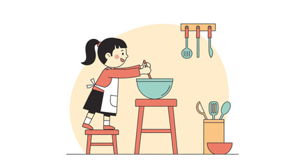 Fototapeta premium Illustration of a young girl cheerfully cooking in the kitchen standing on a stool