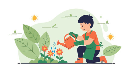 Illustration of a boy watering flowers in a garden, promoting gardening and nature appreciation and springtime joy