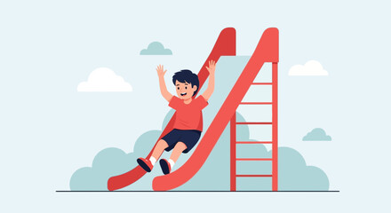 Illustration of a cheerful boy sliding down a playground slide with joy and excitement during a sunny day