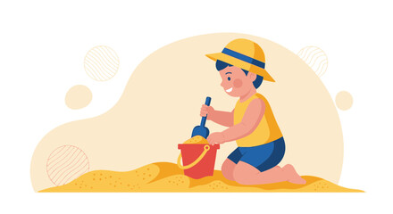 Illustration of a cheerful boy playing with sand on the beach with a bucket