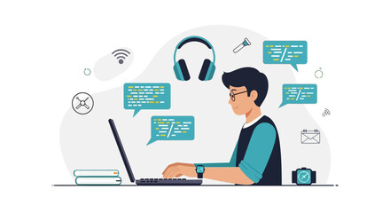 Illustration of a young programmer coding with laptop surrounded by tech elements
