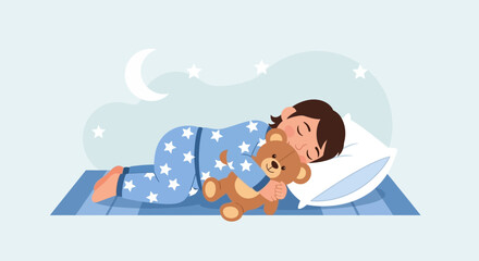 Illustration of a child sleeping soundly with a teddy bear in a starry night background
