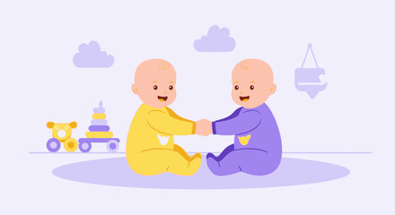 Obraz premium Illustration Of Adorable Newborn Twins Holding Hands In Nursery Setting
