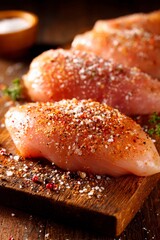 Juicy chicken breasts are carefully seasoned with a blend of spices and herbs on a rustic wooden...