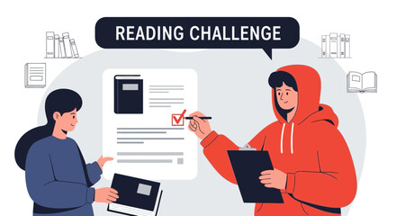 Illustration of people participating in a reading challenge with books and checklist concept