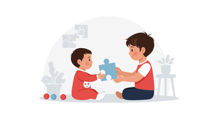 Illustration of two children playing with puzzle pieces in a bright and cheerful room