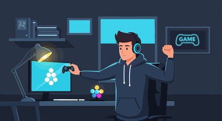 Illustration of a dedicated gamer celebrating victory in his gaming setup at night