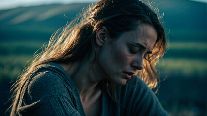 Deep sadness and despair of a woman, melancholic color grading, depressive states of mind