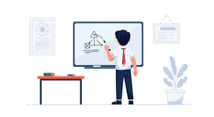 Fototapeta premium Man Presents Business Plan On Whiteboard In Modern Clean Office Style