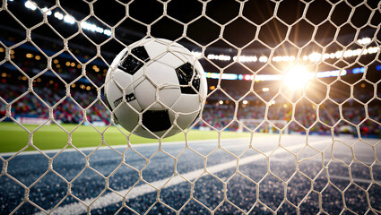 Soccer Ball Hitting the Back of the Net at Sunset,Dynamic Shot of a Soccer Ball in the Goal Mesh with Flare
