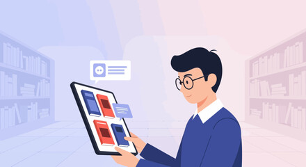 Man Reading Digital Books On Tablet In Virtual Library Environment Concept