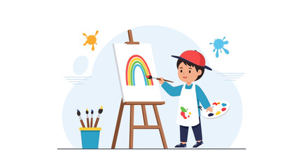 Obraz premium Illustration of a happy young artist painting a colorful rainbow on canvas
