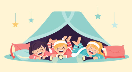 Obraz premium Kids Pajama Party In Tent With Flashlights Cartoon Illustration