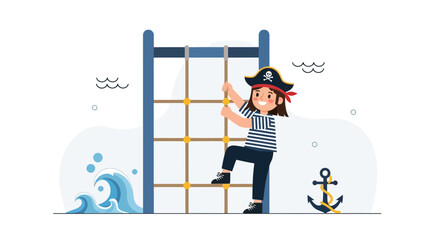 Little Adventurer Climbing the Rigging, Dreaming of Treasures and Distant Shores