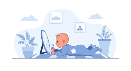 Obraz premium Infant Discovers Reflection Lying Front Of Mirror In Room With Blue Tones
