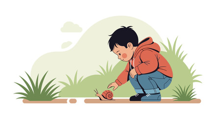 Little Boy Discovering Nature With a Snail In a Green And White Landscape