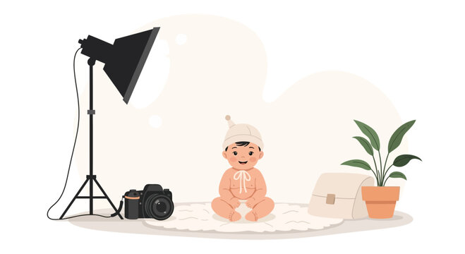 Infant Photography Studio Setup with Baby, Camera and Soft Lighting Illustration