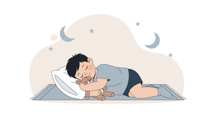 Obraz premium Illustration of a serene child sleeping peacefully with a teddy bear under a starry night sky representing childhood innocence and rest