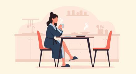 Morning Serenity Woman Enjoying Hot Drink In Kitchen Flat Vector Illustration