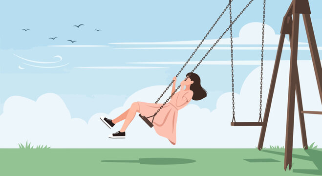 Illustration of a serene young woman swinging under a pastel sky illustration
