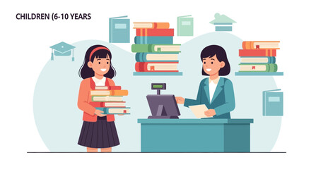 Illustration of a student checking out books at a library with a librarian