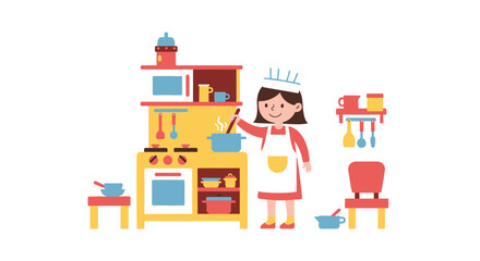 Little Chef Preparing Food In Toy Kitchen Enjoying Creative Playtime