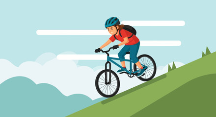 Illustration of a woman cycling on a mountain bike adventure in nature scenery with a helmet on her head for safety