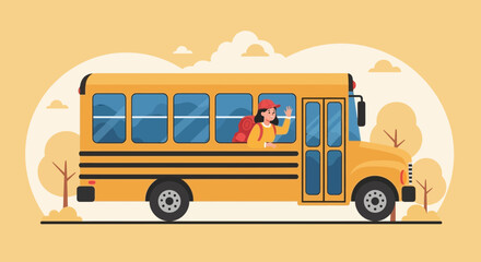 Illustration of a yellow school bus with a waving girl ready for adventure