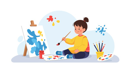 Little Girl Painting Vivid Artwork At Home Art Creation And Artistic Process