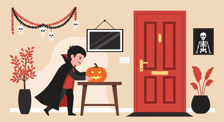 Little Vampire Preparing Halloween Pumpkin Decoration In Spooky Haunted House