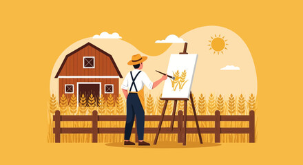 Painter Capturing Rural Landscape Scene With Barn And Wheat Fields On Canvas