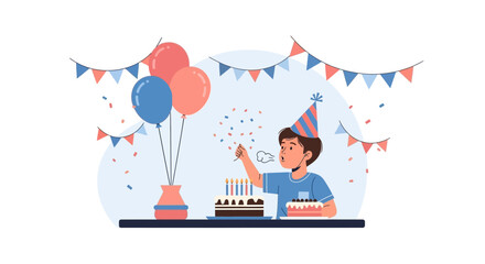 Joyful Celebration Boy With Cake And Balloons At A Birthday Party