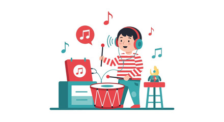 Illustration of a young boy playing drums while listening to music with headphones in a playful setting