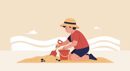 Illustration of a young boy playing on a sandy beach with bucket and shovel happy and relaxing enjoying the summer
