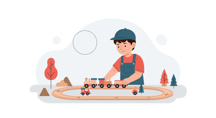 Illustration of a young boy playing with a wooden toy train on a track indoors having fun
