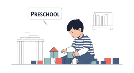 Illustration of a young boy playing with building blocks in a preschool setting